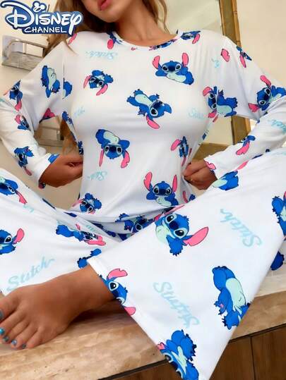 Disney 两件套女士可爱卡通史迪奇印花睡衣套装，包括长袖圆领上衣和裤子，舒适宽松版型，适合春、夏、秋季穿着。