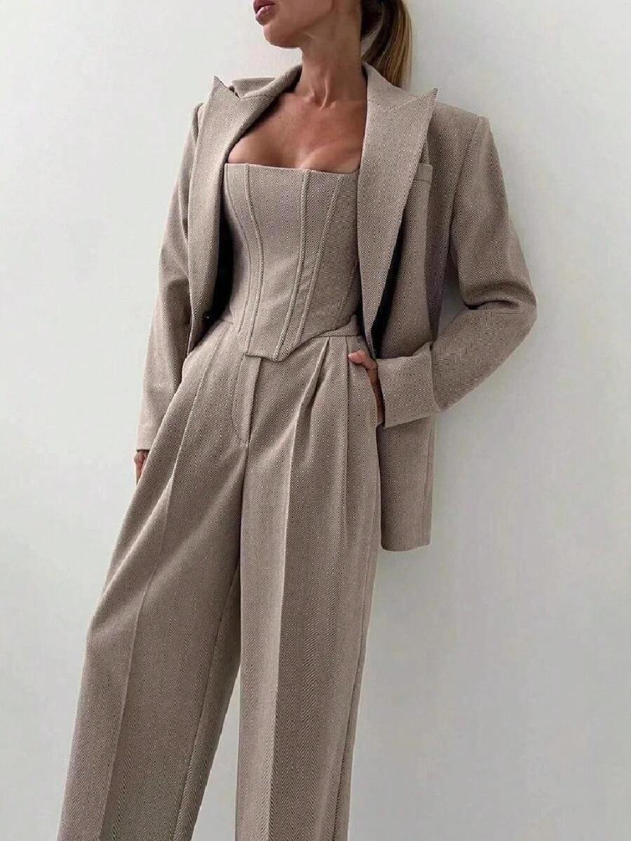 Elegant Minimalist Woolen Three-Piece Suit Set For Women, Button-Up Blazer Coat, Long Coat And Pants Business Casual Fall Winter Outfit, With A Belt - 卡其色 - 查看 1