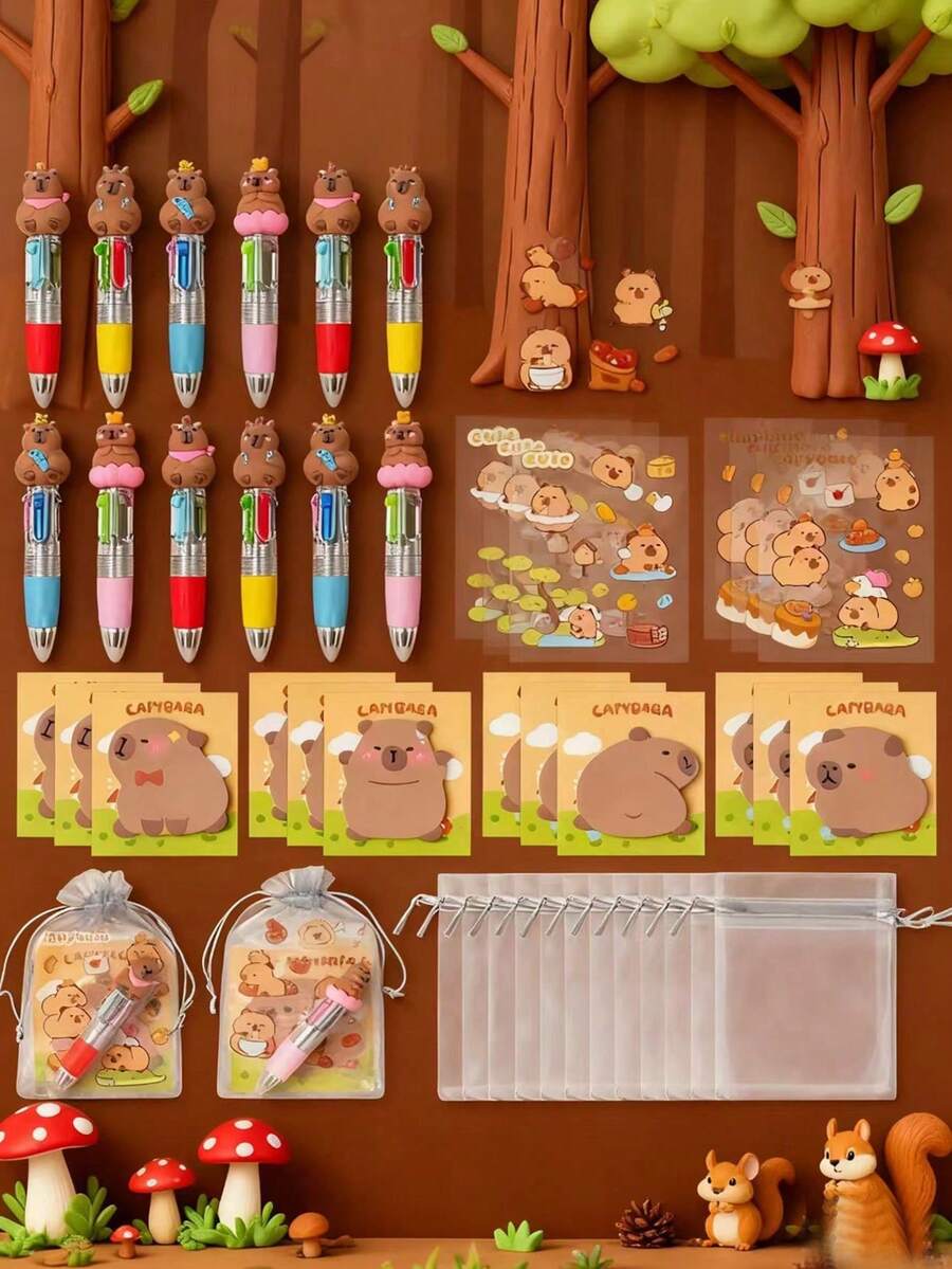 Bộ bút bi 4 trong 1 hình chuột lang nước nhiều màu sắc, kèm theo sticker dễ thương và sổ tay, sổ tay hình chuột lang nước hoạt hình, thích hợp làm quà tặng sinh nhật, giải thưởng, quà lưu niệm tiệc tùng (Ngẫu nhiên) - Nhiều màu - Xem 1