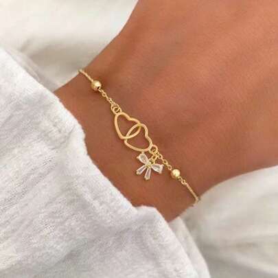 1pc New Fashion Colorful Artificial Crystal Bowknot Hollow Double Heart Golden Stainless Steel Bead Chain Bracelets For Women