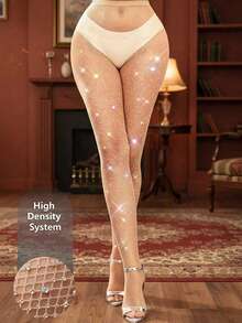 1pair Women's Fashion Crystal Rhinestone Fishnet Stockings, High Elasticity Mesh Pantyhose For Daily & Party Wear - Multicolor - View 9
