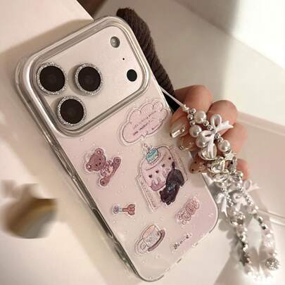 GUCADI 白色幻彩紫色猫咪 + 白色结银星绳梦幻紫色闪粉手机壳，适用于 17 Pro Max、16 韩版小熊手链 14 硬壳，可爱、少女、创意、卡通风格、小众、软妹、轻奢、ins风