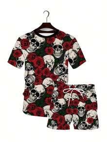 Men's Plus-Size 3D Printed Skull And Rose Pattern T-Shirt And Shorts Set, Made Of Polyester. Suitable For Summer Sports, And Also Makes A Great Party Or Travel Gift. Machine Washable. - 彩色 - 查看 3