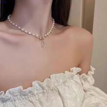1件，女士时尚珍珠项链，蝴蝶结吊坠，珍珠项链，轻奢，小众，高端，气质，蝴蝶吊坠，锁骨链，优雅时尚，日常百搭 - 彩色 - 查看 1