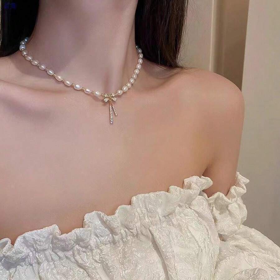 1件，女士时尚珍珠项链，蝴蝶结吊坠，珍珠项链，轻奢，小众，高端，气质，蝴蝶吊坠，锁骨链，优雅时尚，日常百搭 - 彩色 - 查看 1