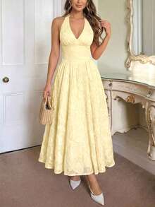 Perirose 女士优雅浅黄色V领提花收腰A字中长连衣裙，休闲度假正式派对礼服 - 黃色 - 查看 1