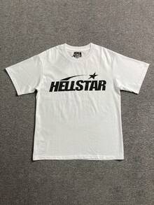 Hellstars Star Logo Minimalist Vintage Graphic T-Shirt,220g 100% Cotton,Round Neck Short Sleeve,White Streetwear Essential,Unisex Style - White - View 1