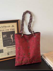 Bolso de cubo de gran capacidad con acabado mate vintage, primavera 2026 para mujeres. Bolso de hombro de moda versátil para ir y venir, elegante y retro para uso diario, perfecto para el trabajo, los viajes y los atuendos cotidianos. - Multicolor - Ver 12