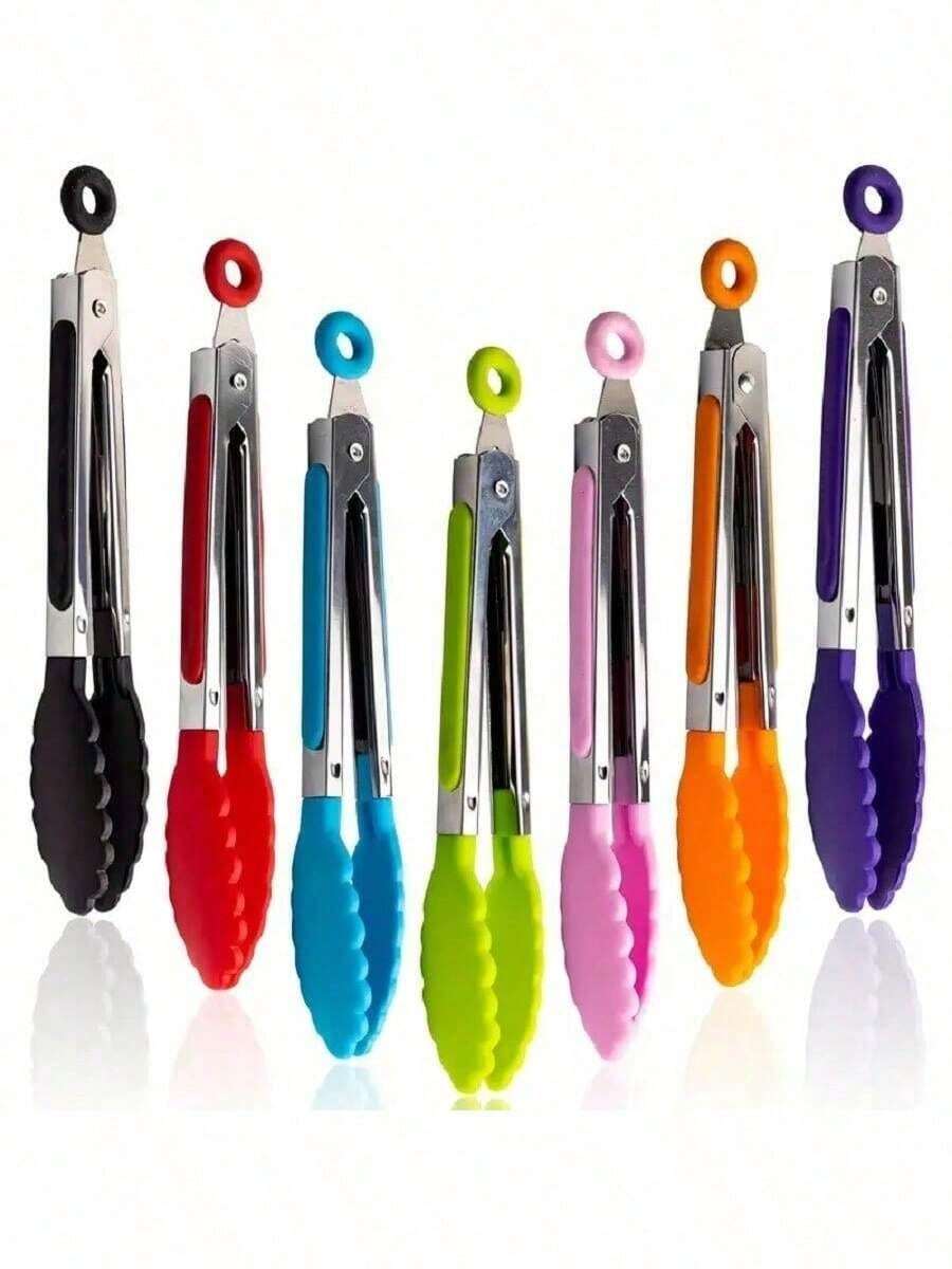 1pc Small Kitchen Tongs, 7-Inch Mini Food Tongs, Heat-Resistant Nylon Tong Heads For Cooking, Serving, Grilling, BBQ, Salad, Kitchen Gadgets, Baking Tools - Multicolor - View 1
