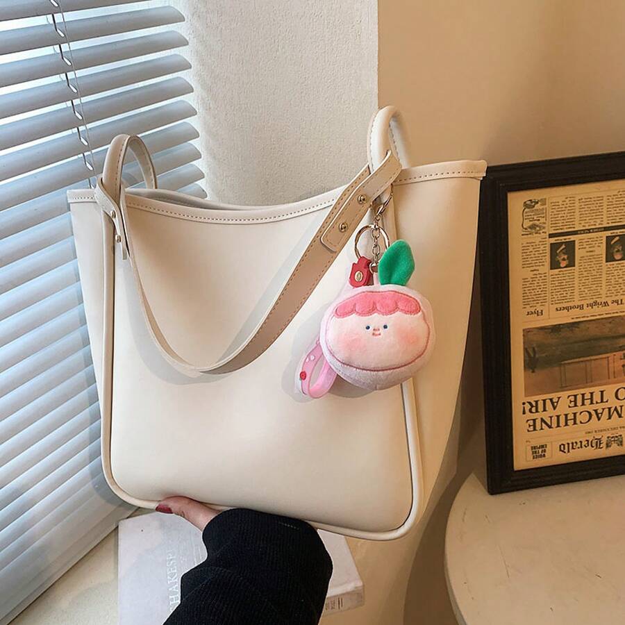 Bolso de Mujer de Moda Primavera/Verano 2024, Bolso de Hombro Vintage de Gran Capacidad, Bolso Bandolera Simple para Mujer - Blanco (con colgante) - Ver 1