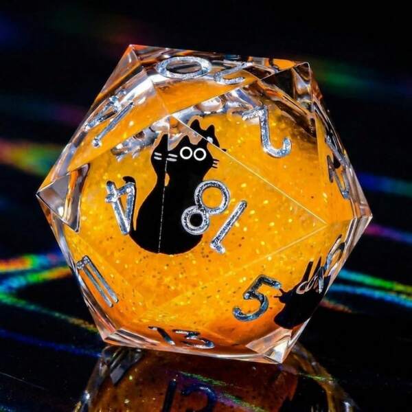 1pc 20-Sided Resin Black Cat Dice With Glitter, Handmade Sharp-Edged Dice Suitable For D&D Role-Playing Games, Pathfinder Tabletop Games, Party Favors And Decorative Accessories