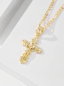 1pc European And American Classic Copper Inlaid Zirconia Cross Pendant Necklace, Limited Edition "Light Of The Protector", Suitable For Christmas/Thanksgiving/Halloween/Mother's Day/Valentine's Day Gifts For Couples/Friends/Believers, Catholic First Communion, Gifts, Daily And Holiday Wear For Prayer - Yellow Gold - View 3