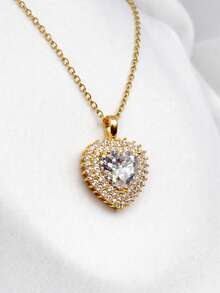 Women's Gold Or Silver Necklace With A Heart-Shaped Pendant Set With A Cubic Zirconia In Genuine 316L Stainless Steel. - 金色 - 查看 4