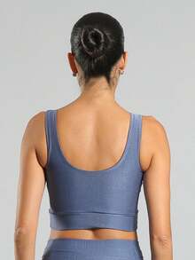 FITNATION Leggings Set With Waistband Pocket + Longline Cropped Top In Micro-Ribbed Fabric With SHINE And HIGH Elasticity And Support. - Indigo Blue - View 6