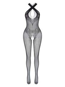 女士蕾丝连体袜，性感渔网内衣，浪漫睡衣 - 黑色 - 查看 8