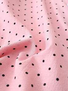 2pcs/Set Women's Mini Polka Dot Printed Pajama Set With Contrast Trim Button-Down Shirt And Bow Tie Shorts, Perfect For Home Wear In Summer White Set,Two Pieces Set - 粉色 - 查看 9
