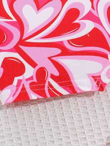 Set de 2 piezas de camiseta de manga corta de cuello redondo y pantalones acampanados con estampado de corazón para niñas pequeñas de moda - Rojo - Ver 2