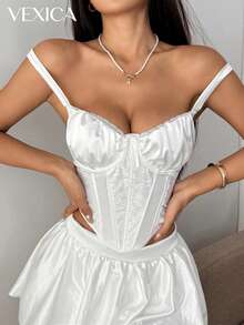 Vexica Women's Sexy & Elegant White Lace Patchwork Camisole Suitable For Wedding Guests, Bridal Parties, And Night Out - White - View 11