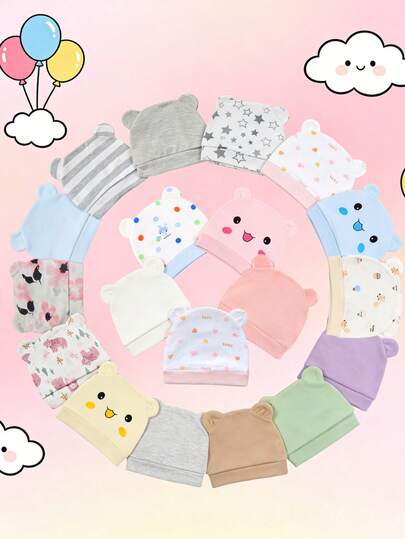 3/6PCS Infant 0-3 Months Assorted Cute Bear Ear Baby Beanie, Soft Breathable Newborn Hospital Hat, Adorable Nursery Cap For Postpartum, Baby Shower & Daily Use, Unisex For Boys & Girls