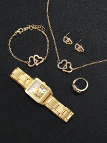 6pcs/Set Women's Gift Watch, Fashion Square Roman Numeral Dial Classic Quartz Wristwatch + Heart Jewelry, Excluding Watch Box - Gold - View 4