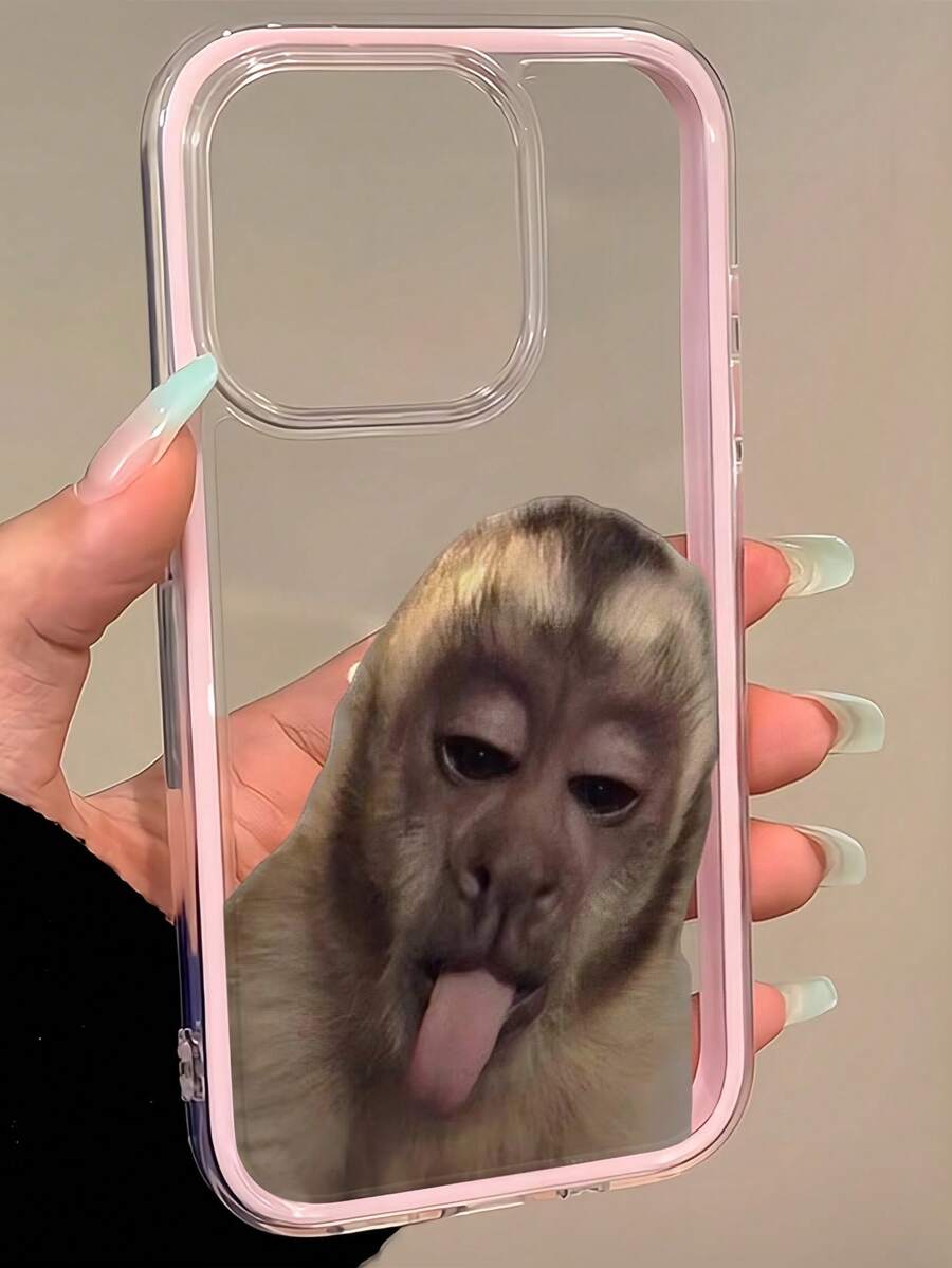 Expression 1件装粉色边框透明极简镜头保护防摔防撞猴子吐舌图案手机壳，可个性化定制，兼容 16 Pro Max、17/16/15/14 Plus、13/12/11、Air - 彩色 - 查看 1