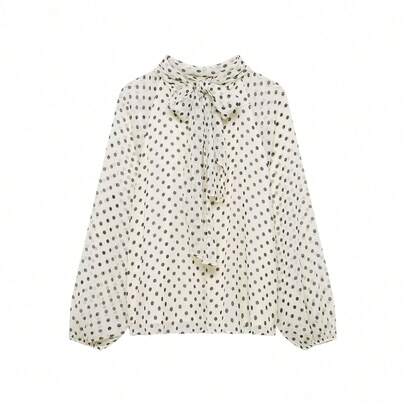 Áo kiểu chấm bi thắt nơ dáng rộng, đa năng, phong cách tối giản, thời trang nữ Xuân/Hè mới của Seelio, phối nơ và chấm bi.