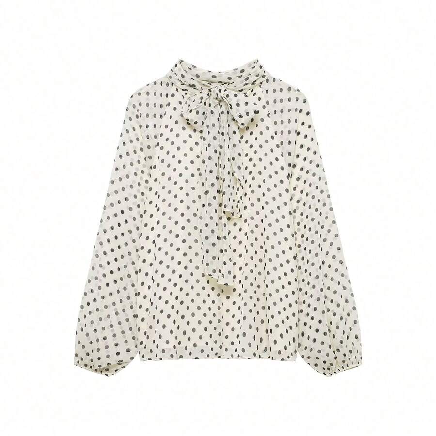 Áo kiểu chấm bi thắt nơ dáng rộng, đa năng, phong cách tối giản, thời trang nữ Xuân/Hè mới của Seelio, phối nơ và chấm bi. - Màu be - Xem 1