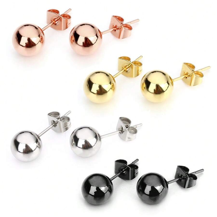 10pcs/Pack Stainless Steel Round Ball Stud Earrings (With Butterfly Earring Backs 4.5x6.5mm), Minimalist Versatile Unisex Hypoallergenic Titanium Earrings, DIY Jewelry Accessories