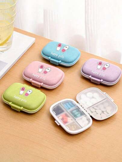 Portable Pillbox With Letters "Happy Pills"And Cute Pill Pattern, Moisture-Resistant Pill Organizer, Compartments Travel Pill Organizer, Daily Pill Case Small Pill Box For Pocket Purse, Portable Pill Container Medicine Vitamin Organizer,Reusable Pill Case For Men And Women, Medicine Planner, Daily Pocket-Sized Pillbox For Storing Vitamins, Medications, Supplements, Home And Travel Essential Accessory