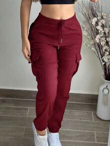 Women's Fashion Elegant Solid Color Casual Pocket Elastic Waist Drawstring Cargo Pants Spring - Red 74 - View 4