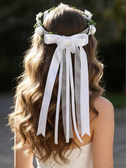 1pc Elegant European Style Faux Flower Wreath Bow Ribbon Headband, Bridal Wedding Party Hair Accessory For Women