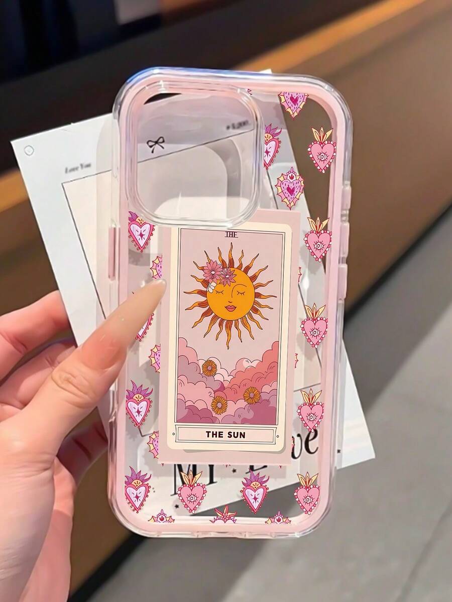 Heart Pattern TPU 1pc Fashionable Personalized Sun & Heart Patchwork Graphic Dual-Tone Transparent TPU Anti-Fingerprint Phone Case, Compatible With IPhone/ 16 Pro Max/16/16 Pro/11/15/15 Pro/15 Pro Max/12/13/14 Pro Max/12 Pro/12 Pro Max/13 Pro/13 Pro Max/14 Pro/14 Pro Max/14 Plus Soft Cover Birthday - Multicolor - View 1