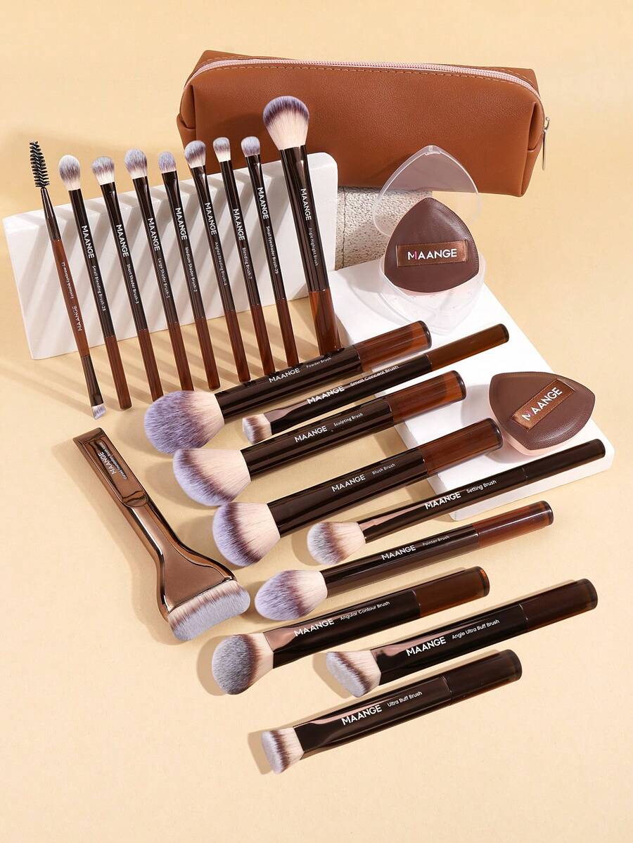 MAANGE 13/22pcs Professional Makeup Brush Set, Including 19pcs Soft Makeup Brushes, 1 Makeup Bag And 2 Makeup Sponges, Portable Travel Makeup Brush Kit For Eyeliner, Eyebrow, Lash, Lip, Blush, Foundation, Powder, Highlighter, Contour, Blending, Suitable For Liquid, Cream And Powder, Gentle On Skin, Ideal Gift For Women And Girls - Coffee Brown - View 1