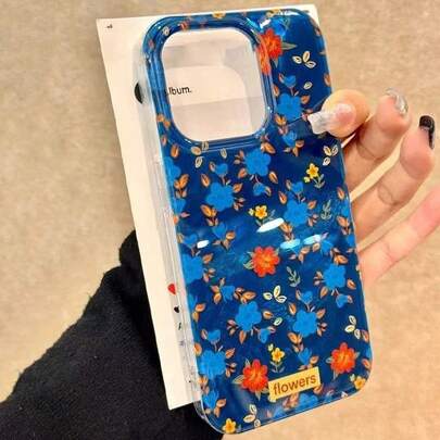 1pc Retro Blue Floral Full Coverage Shock-Proof Phone Case, Compatible With IPhone 17/17 Air/17 Pro/17 Pro Max, 16, 16 Pro, 16 Plus, 16 Pro Max, 15, 14, 14 Pro Max, 13, 12, 11, Full-Body Protective Phone Cover
