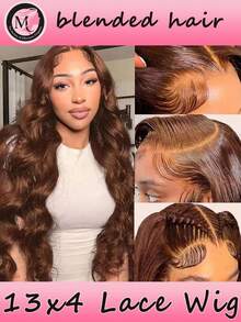 混合发丝由真人头发与合成纤维和蛋白质丝混合制成，合成蕾丝前假发，13*4蕾丝，180%密度，波浪卷假发，带婴儿发的波浪假发，适合女性日常派对佩戴，自然预拔毛无胶棕色蕾丝前假发（波波头，8-16英寸）。 - S4 - 查看 2