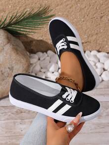 女士时尚滑板鞋，白色运动鞋，豹纹撞色鞋带，低帮厚底休闲户外运动鞋 - 黑色 - 查看 10