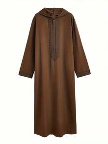 Men's Traditional Middle Eastern Cultural Attire, Deep Brown Embroidered Hooded Long Sleeve Casual Robe - Brown - View 3