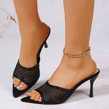 Giày cao gót lưới màu đen dành cho nữ, mẫu thời trang hè 2026 mới, đa năng, phù hợp đi làm, dự tiệc, sandal mùa hè. - Lưới đánh cá màu đen - Xem 2