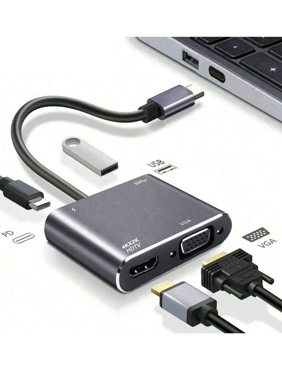 Hub tipo C 4 en 1, transferencia de alta velocidad USB3.0, 4K HD, carga rápida PD de 100W, compatible con una amplia gama de dispositivos - Gris - Ver 1