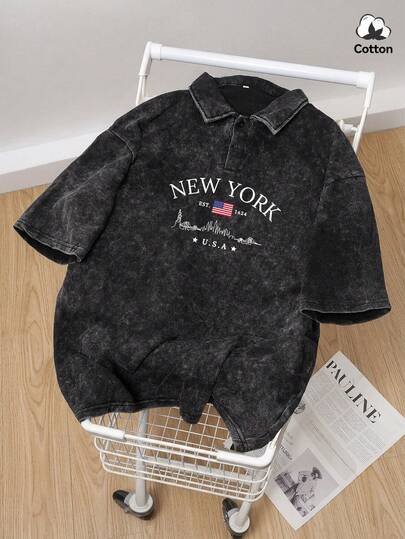 Hemo 男士夏季街头时尚纽约图案 Polo 衫，略带弹力水洗复古翻领纽扣黑色上衣，休闲日常穿着 Polo 衫