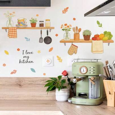 1 miếng dán tường trang trí họa tiết hoa và chữ, tự dính, thích hợp cho phông nền nhà bếp, trang trí nhà bếp.