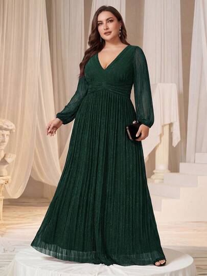 EVERPRETTY Plus Size Elegant Deep V-Neck Breathable Long Sleeve Dark Green Formal Evening Gown Prom Dress Suitable For Wedding Guest Banquet Party Prom Wedding Guest Formal Dress Mother Of Brides For Wedding Semi Formal Gowns For Women Evening Elegant Mother Of Brides