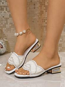 Women's White Pearl Rhinestone Slide Sandals, Low Block Heel For Wedding Party And Daily Wear - White - View 4