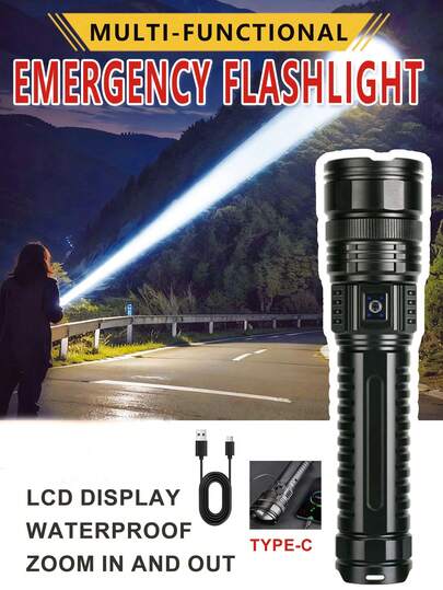 1 pieza Linterna potente de alto rendimiento, con una salida extremadamente brillante. La luz lateral COB de la cola proporciona una amplia iluminación. La carga rápida tipo C acorta significativamente el tiempo de carga. Es adecuado para diversos escenarios como exploración al aire libre, patrulla nocturna, rescate de emergencia, mantenimiento de sitios de construcción, escape en caso de terremoto y equipo de iluminación de respaldo para vehículos.