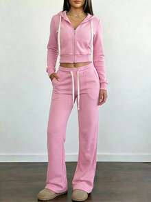 Valentine's Day, Loungewear Outfit, Gifts For Her Women's Cozy Pink Velour Two-Piece Tracksuit Set With Cropped Zip-Up Hoodie And Wide-Leg Pants For Casual Wear - Hồng - Xem 9