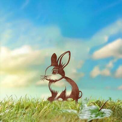 Cute Rabbit Metal Garden Stake, Rustic Style, Durable Outdoor Wrought Iron Decor, Suitable For Yard, Garden, Lawn, Porch, Entrance, Gift For Animal Lovers