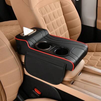 1pc Quilted Multi-Functional Car Central Armrest Box Pad, Raised Front & Rear Design, Cup Holder, Storage Box With Pocket