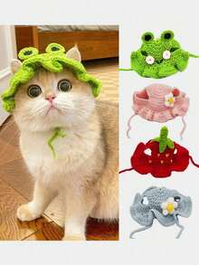 Cute Handmade Crochet Pet Hat & Bib Set, Adjustable Knitted Sun Hat + Saliva Towel, Soft Breathable Pet Outfit For Small Dogs Cats, Puppy Kitten Accessory For Outdoor - Multicolor - View 6
