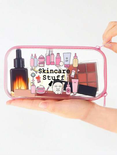 新款护肤品图案透明硬质拉链保护盒，PVC旅行收纳包，带拉链封口 - 轻便防褪色化妆品和洗漱包，硬质塑料拉链袋透明拉链袋塑料收纳盒便携旅行盒，黑色玩具积木收纳袋，数码产品收纳，易于擦拭清洁设计