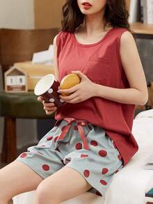 2pcs Women Pajama Set, Spring/Summer Vest & Shorts, Lightweight Solid Color Polka Dot Pants, Casual & Cute Style For Home Wear - Red - View 4